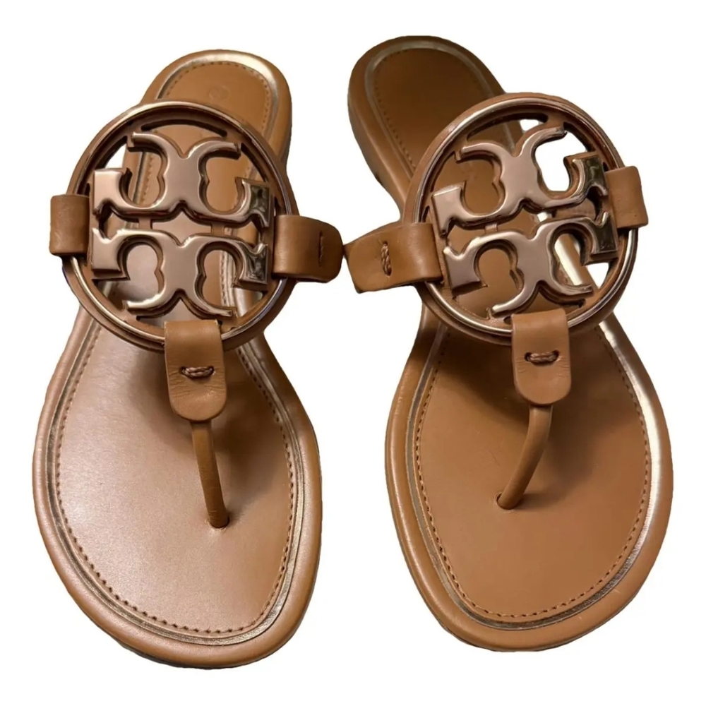 Tory Burch Designer Metal Miller Tan Light Brown Leather Sandals 7 M - Picture 2 of 3